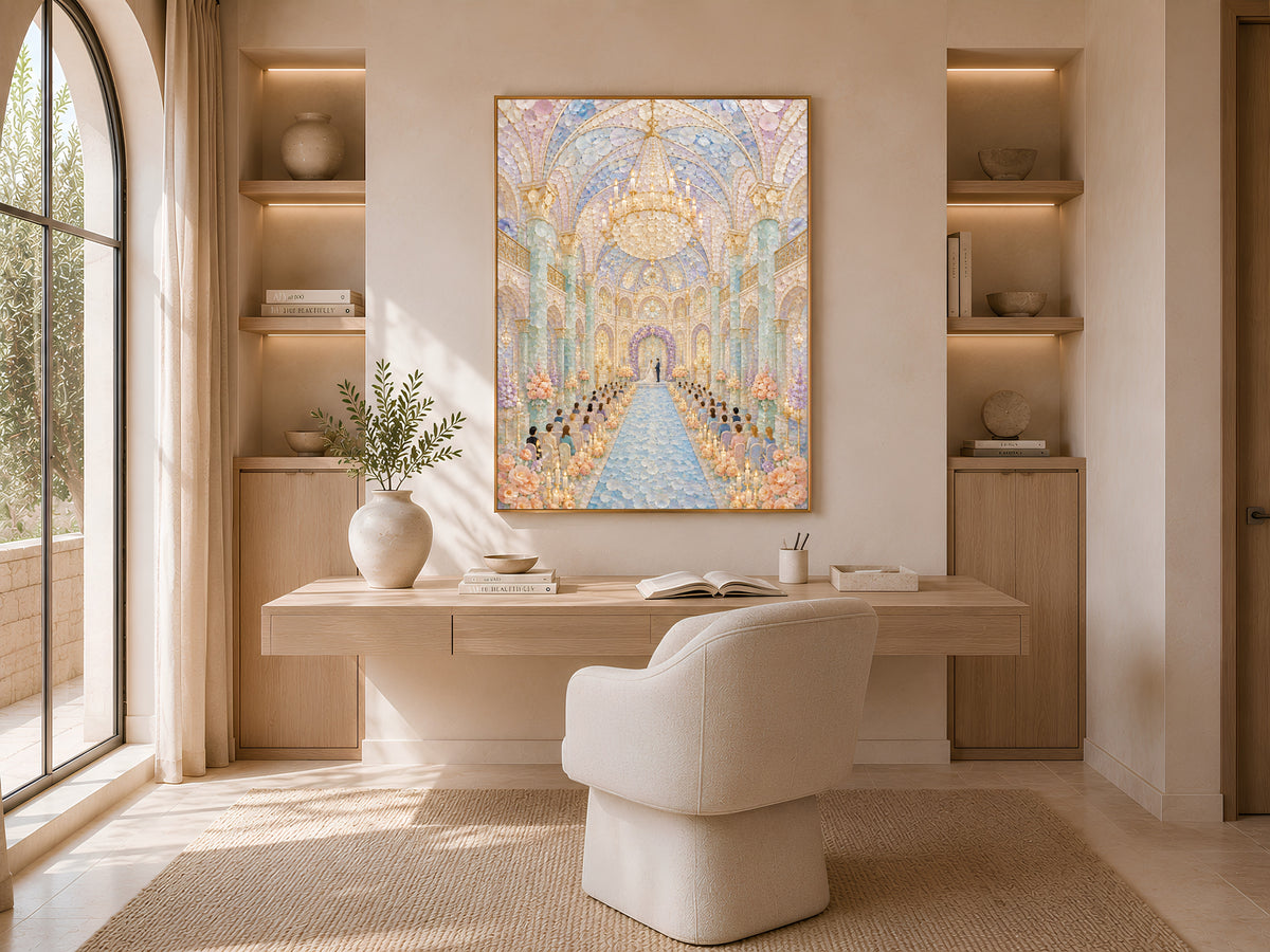 Pastel Wedding Chapel Wall Art, Whimsical Mosaic Cathedral Print - Digital Download