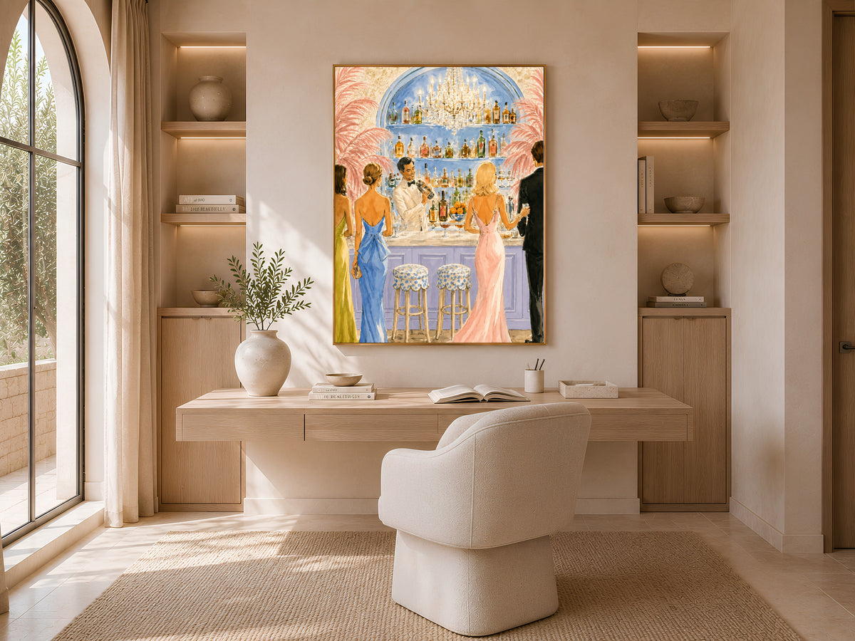 Riviera Cocktail Bar Wall Art, Preppy Pink Watercolor Print - Digital Download