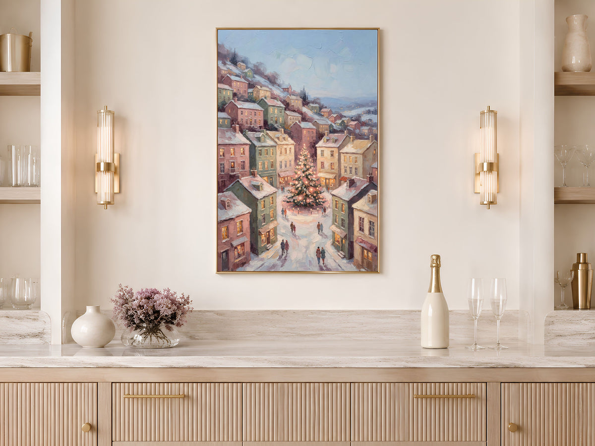 Scandinavian Christmas Wall Art, Pastel Town Square Print - Digital Download