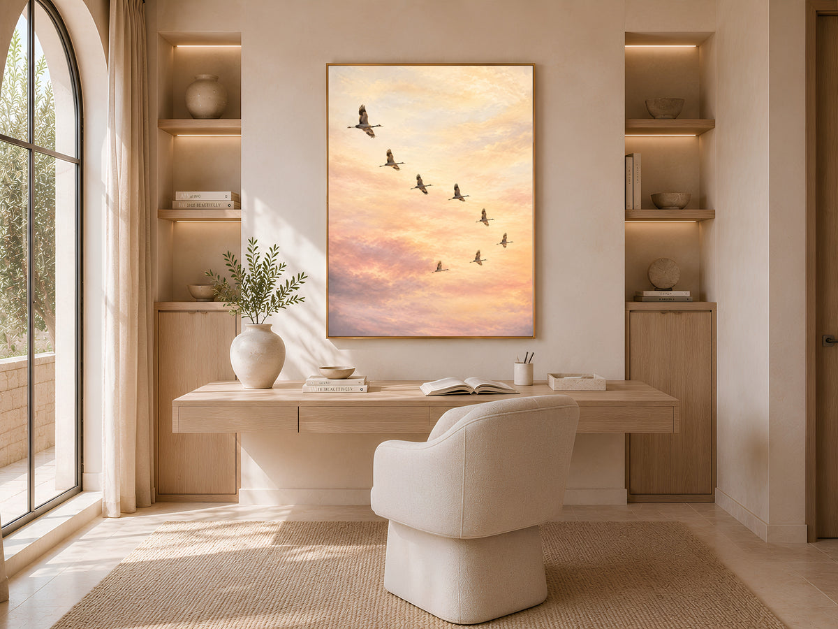 Flying Cranes Wall Art, Sunset Sky Print, Ethereal Pastel Bedroom Decor - Digital Download