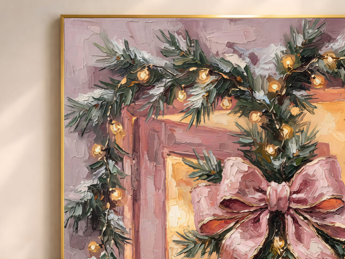 Pink Christmas Door Print, Velvet Bow Wall Art - Digital Download