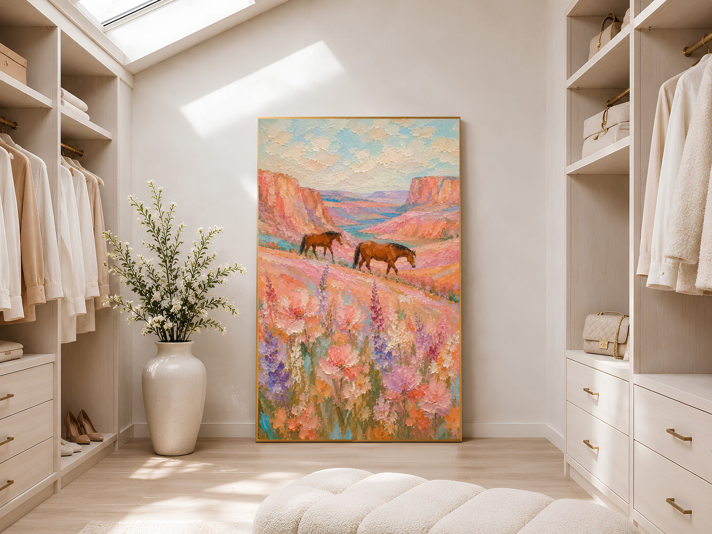 Two chestnut horses walking through a pink and lavender wildflower canyon impasto painting in a gold frame displayed in a bright white walk-in wardrobe with warm natural light and neutral shelving
