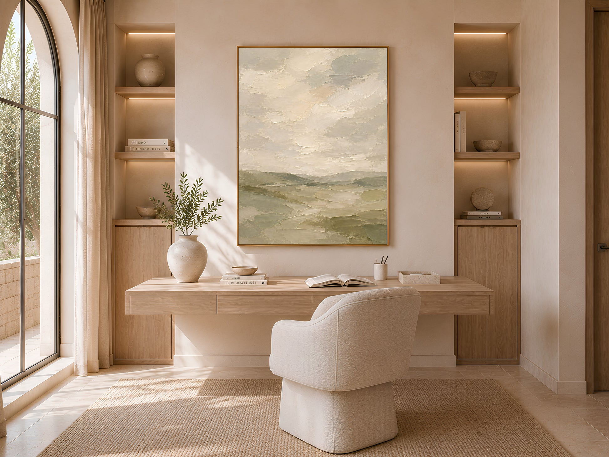 Sage green cloudy sky wall art print framed above a desk in a sunlit office with arched shelving