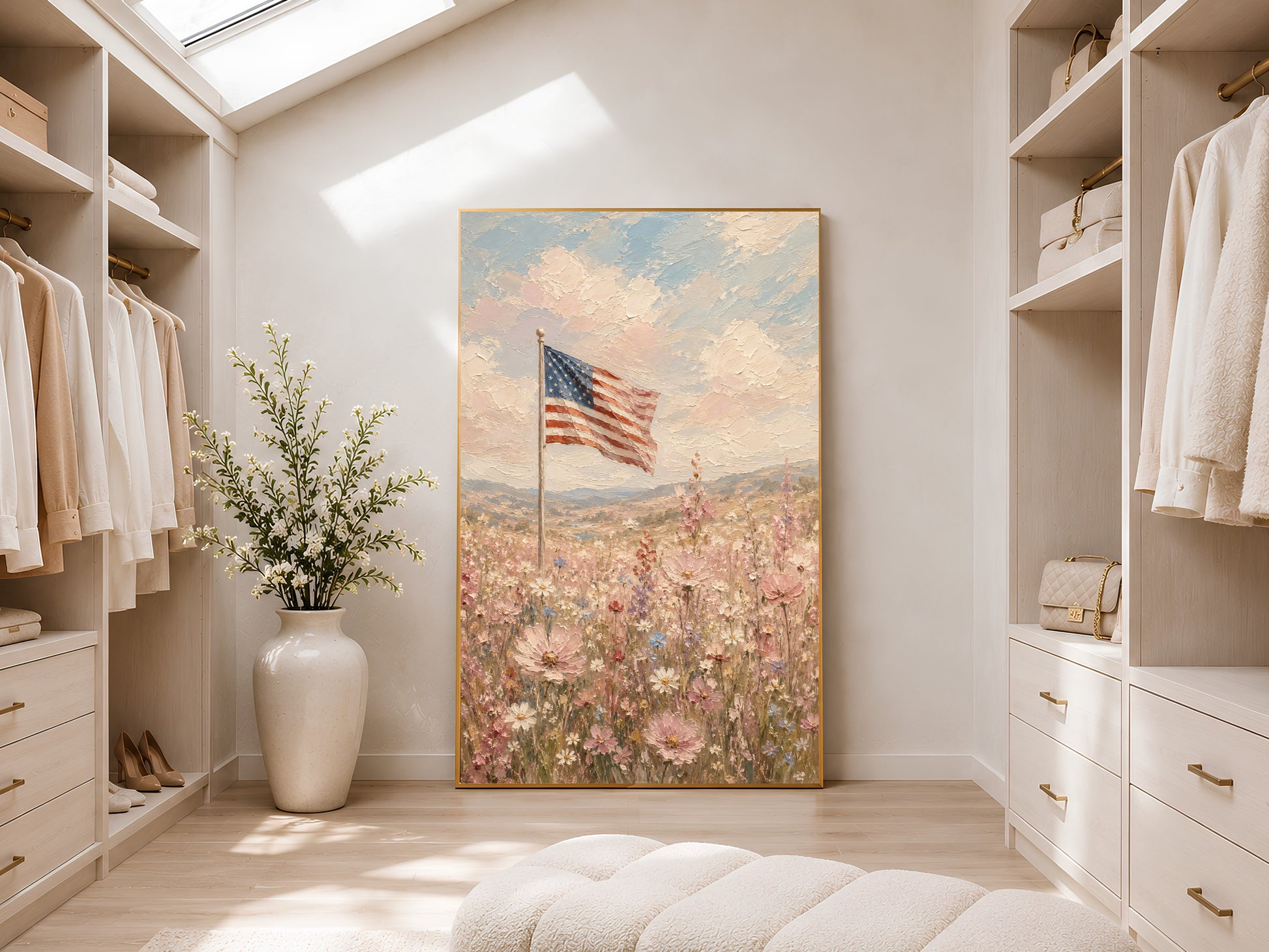 American flag wildflower field impasto painting in a gold frame displayed in a bright white walk-in wardrobe with warm natural light, neutral shelving, and large vase with dried botanicals
