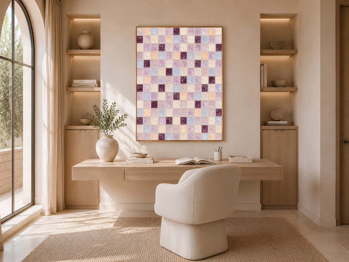 Plum lavender mosaic wall art framed above a bench in a bright sunlit room with arched windows