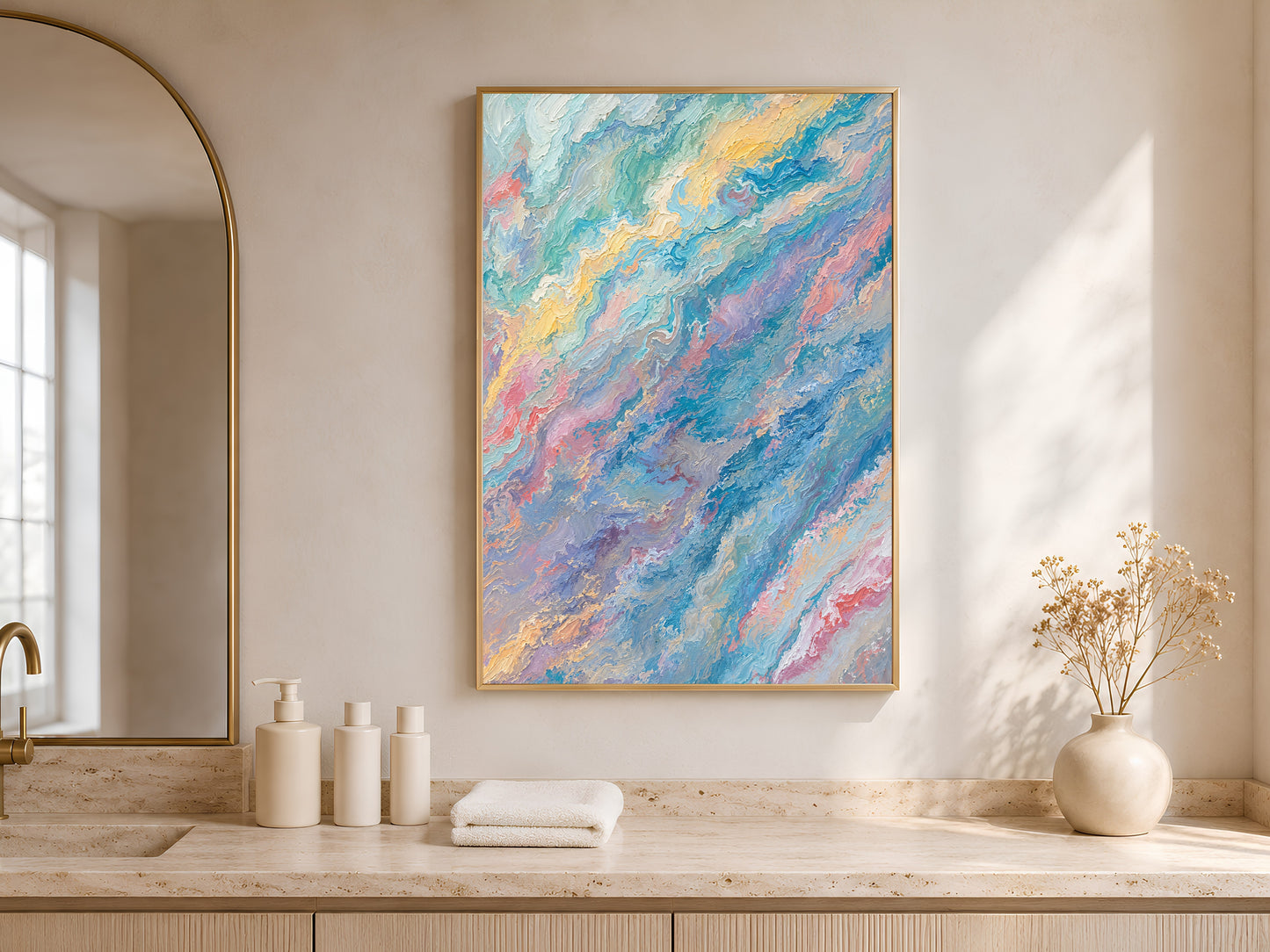 Pastel teal pink abstract swirl print in gold frame on travertine console table in bright entryway with arched mirror
