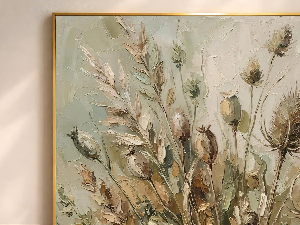 Dried Botanical Wall Art, Sage Green Impasto Oil Painting - Digital Download