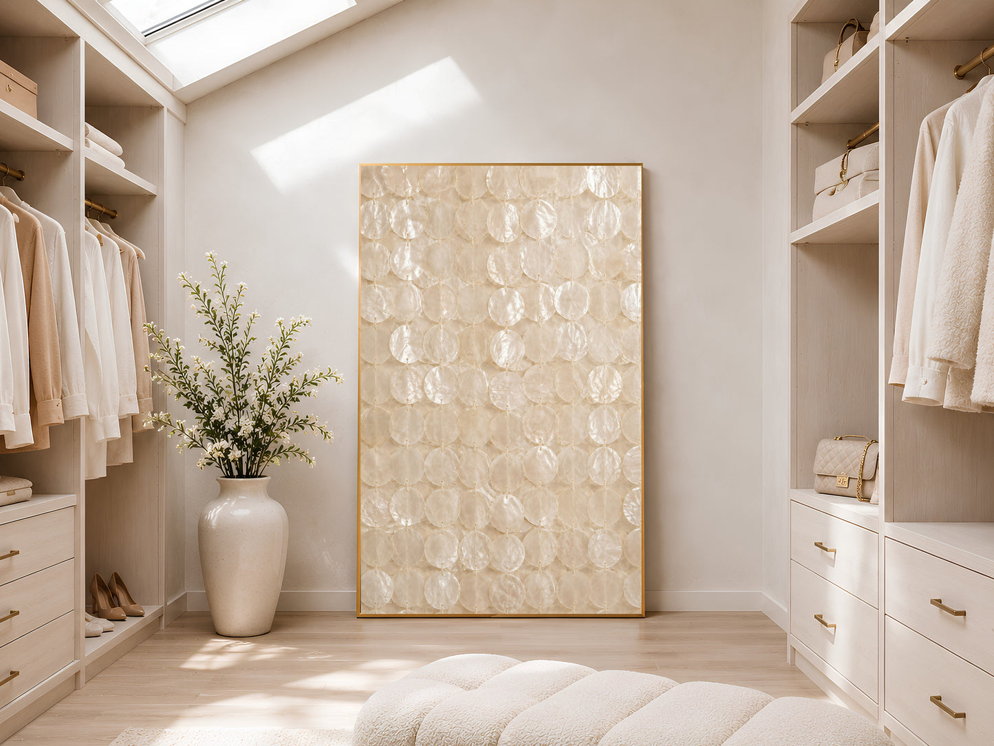 Capiz shell wall art print in a gold frame displayed in a bright white walk-in wardrobe with warm natural light, neutral shelving, and large vase with dried botanicals
