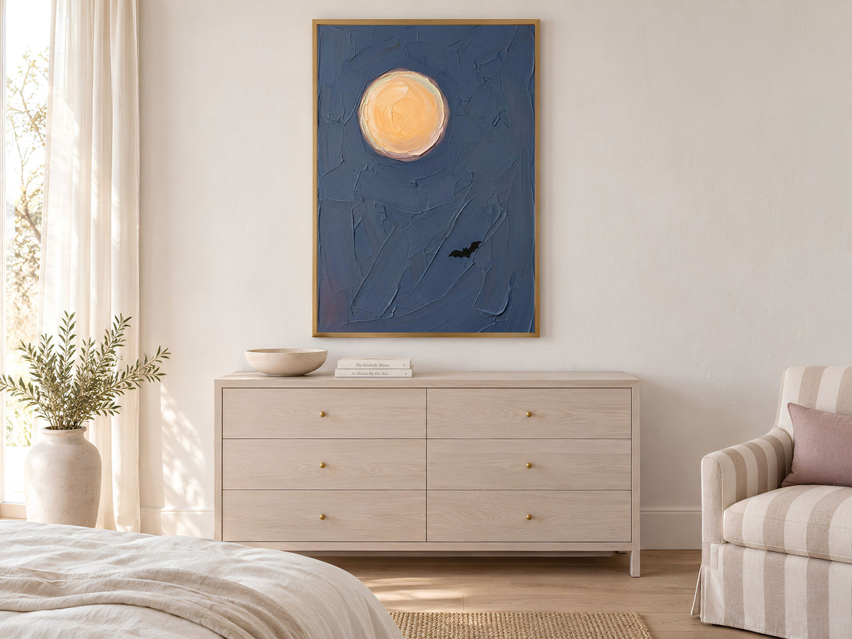 Moon and Bat Wall Art, Impasto Oil Painting Print - Digital Download
