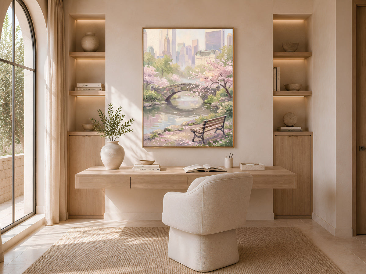 Central Park Cherry Blossom Print, Gapstow Bridge NYC Spring Wall Art - Digital Download