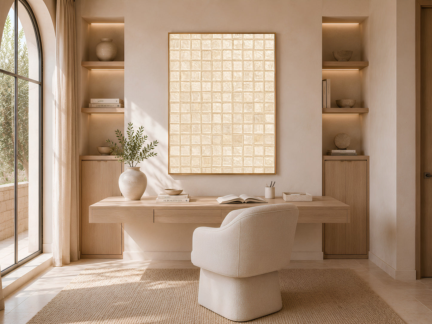 Warm beige mosaic tile wall art in a gold frame in a bright Japandi living space with cream boucle chair, oak shelving, and large windows with natural light
