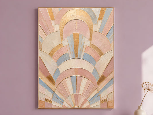 Pastel art deco impasto wall art in gold frame on mauve wall with dried flower stems beside it
