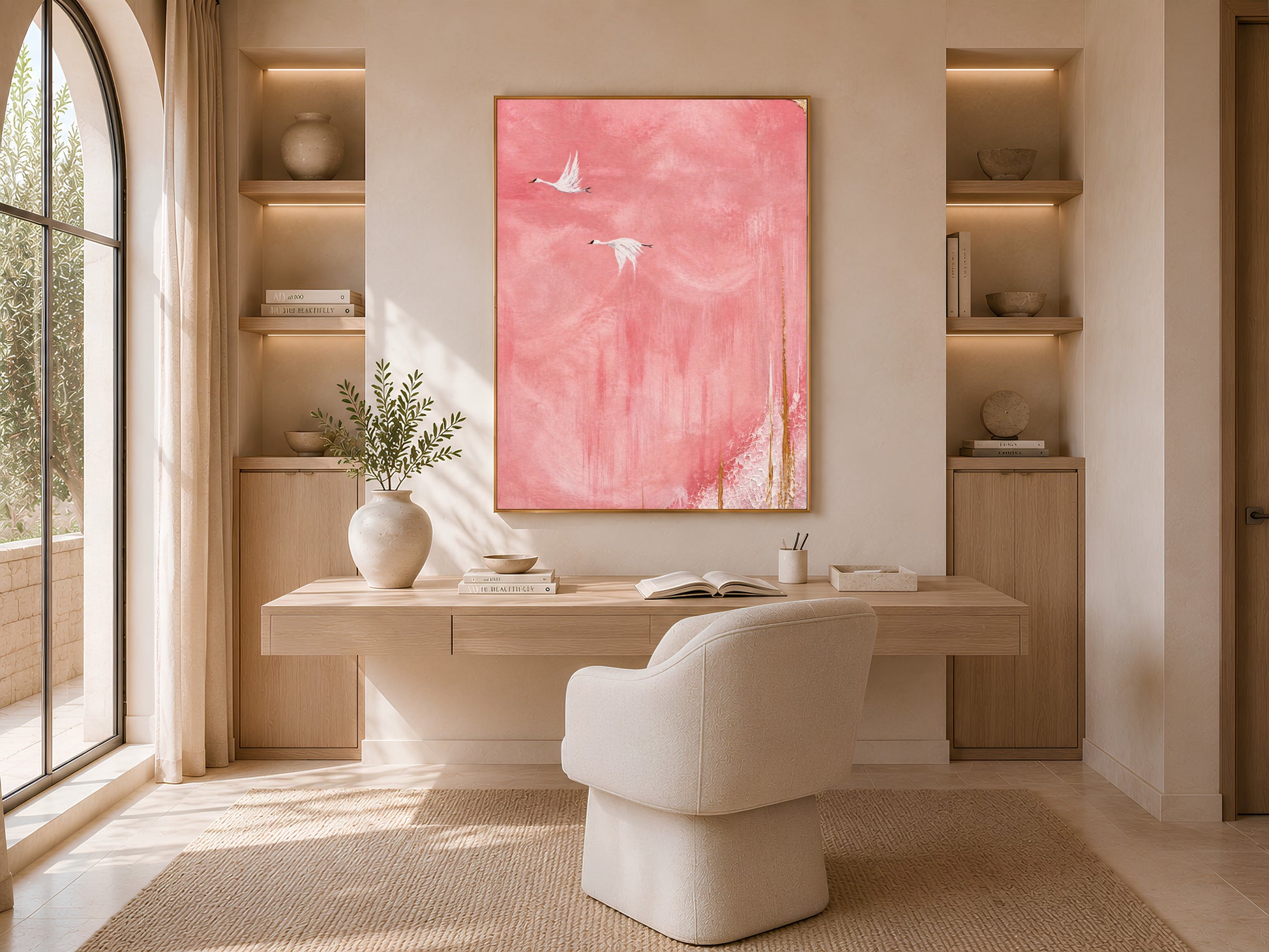 Flying cranes wall art displayed above a home office desk with arched shelving, pink sky bird painting print