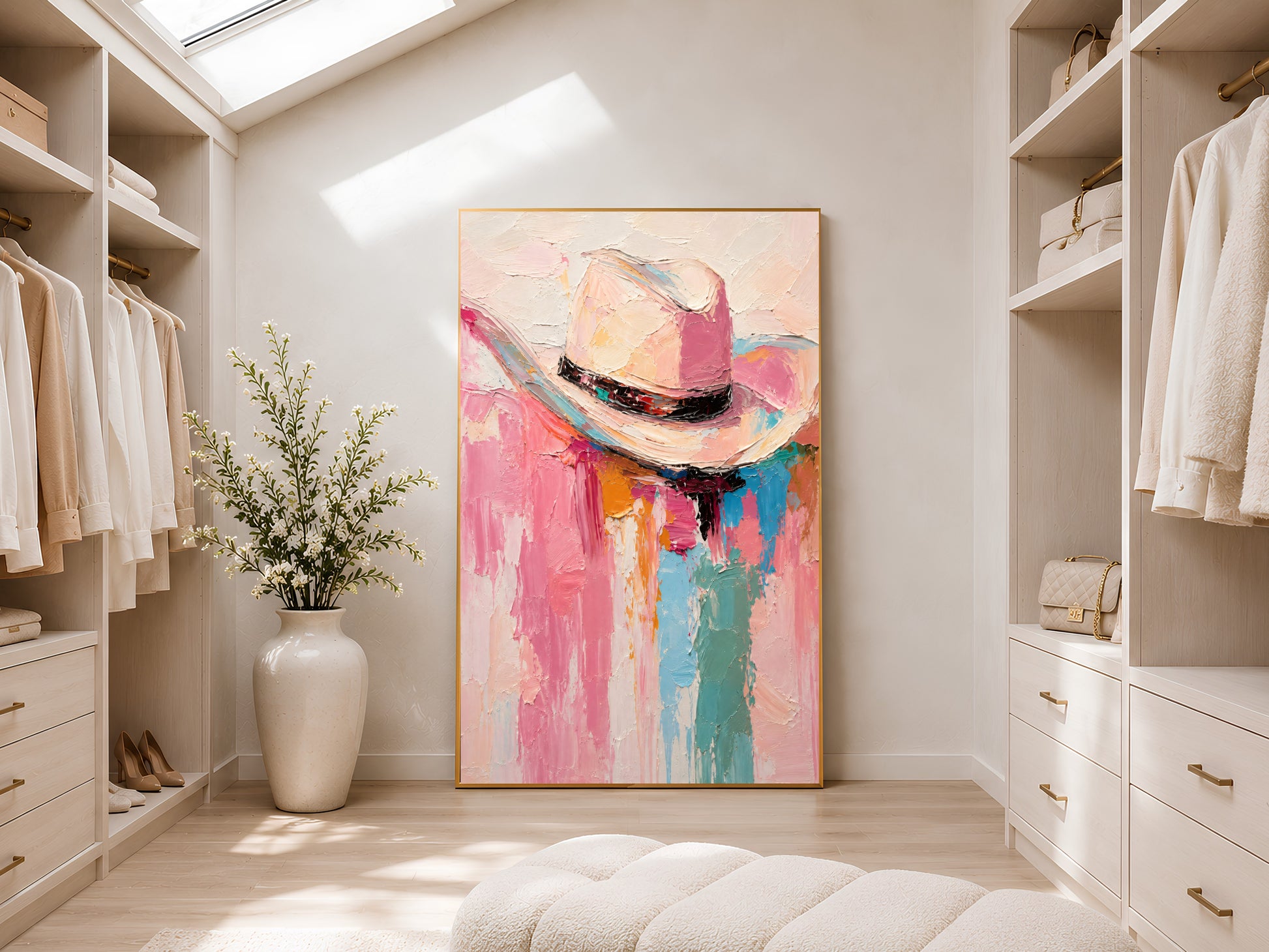 Large framed impasto cowgirl hat print leaning against white wardrobe wall in bright dressing room with built-in shelving

