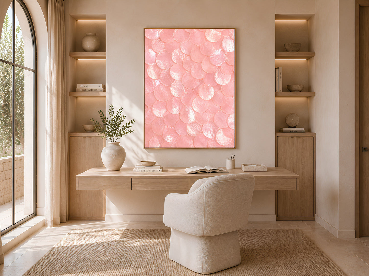 Pink capiz shell dot print in a gold frame displayed in a home office with a desk, chair, and built-in shelving.