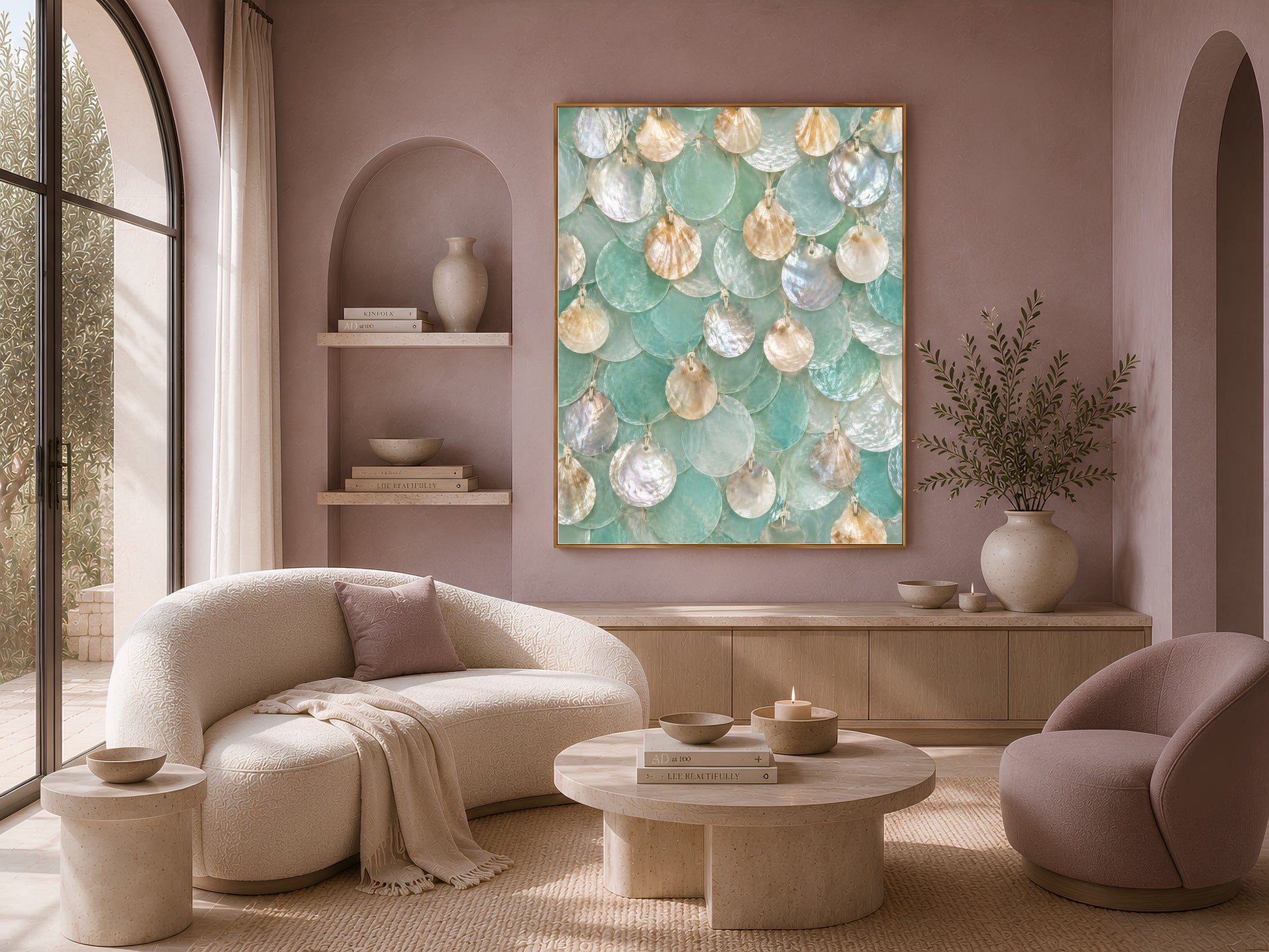 Seafoam coastal wall art framed on a mauve wall above a cream sofa and accent chair