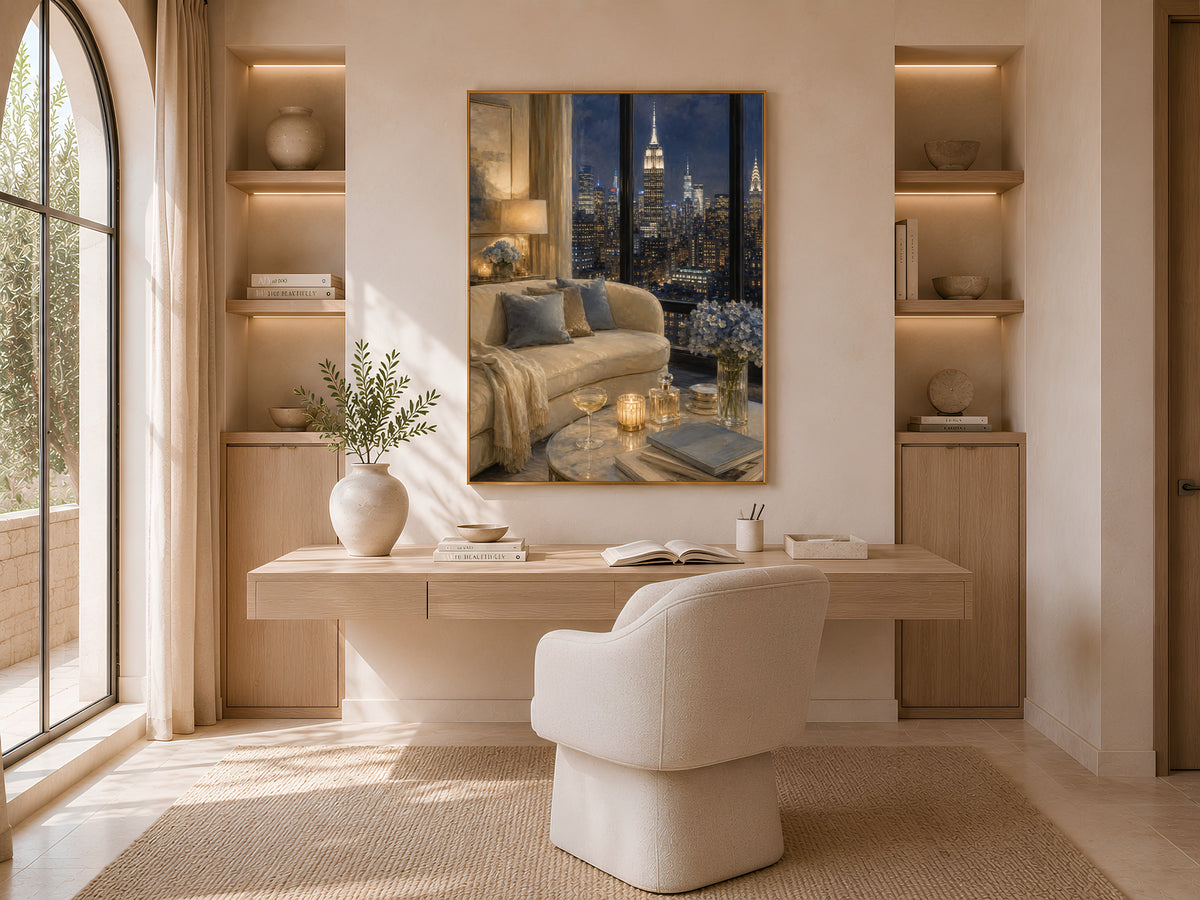 NYC Penthouse View Wall Art, Navy Blue City Skyline Print - Digital Download