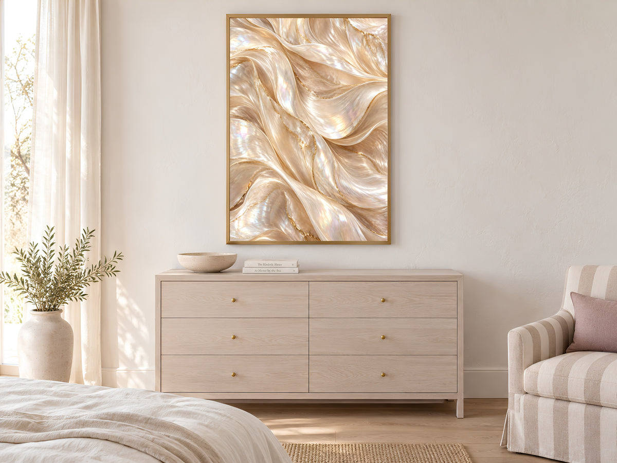 Pearl Abstract Wall Art, Champagne Gold Wave Print, Neutral Iridescent Swirl, Cream Living Room Decor, Above Sofa Poster, Instant Download