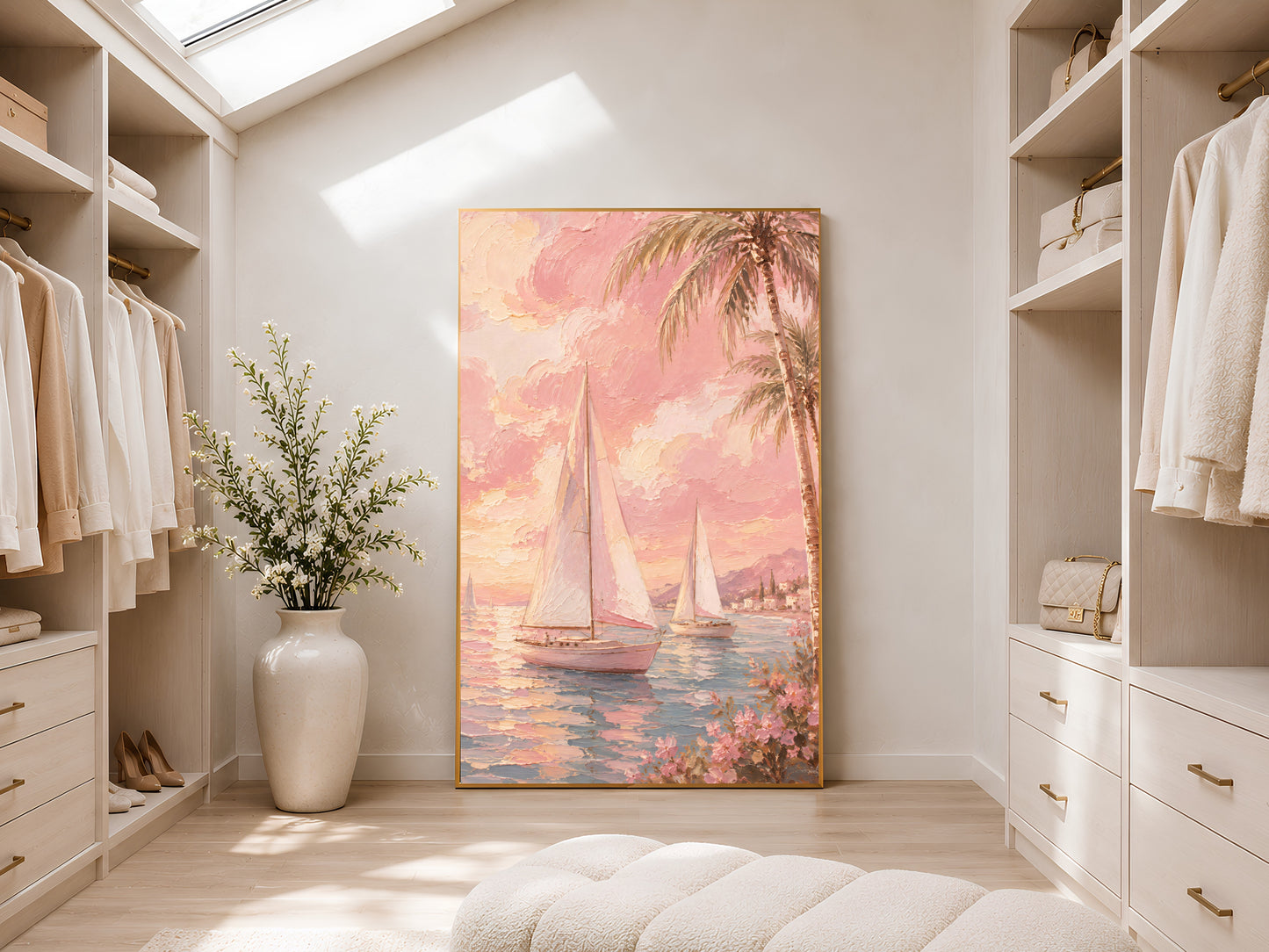 Pink sailboat wall art in gold frame displayed in a bright neutral walk-in wardrobe with open shelving and skylight