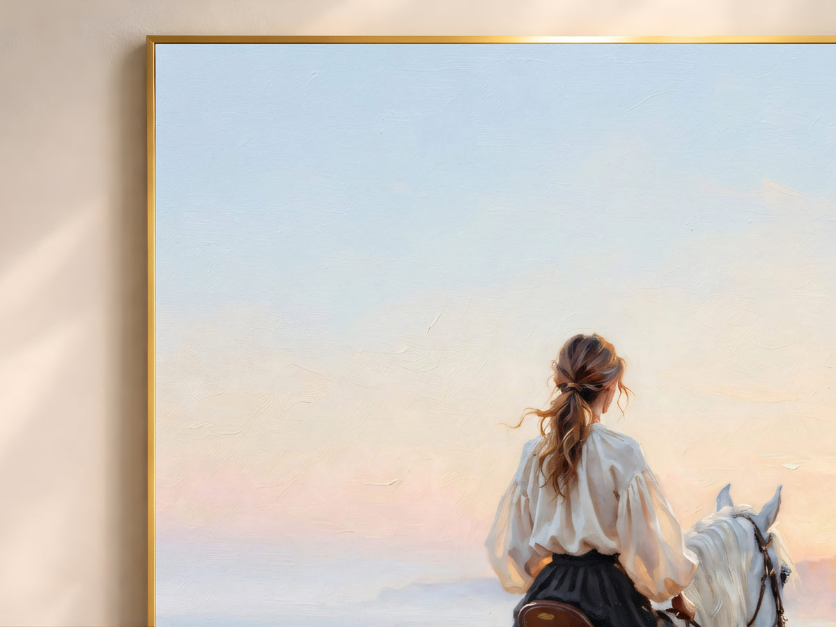 Woman on White Horse Wall Art, Beach Sunset Oil Painting Print - Digital Download