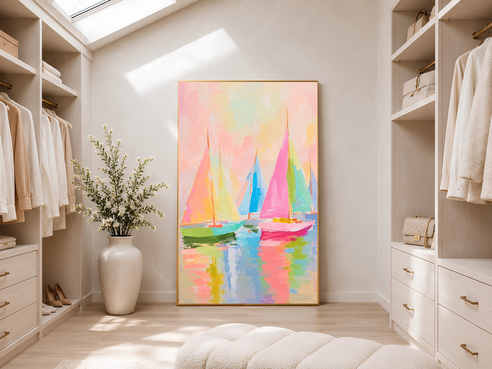 Large framed impasto pastel sailboat print leaning against white wardrobe wall in bright sunlit dressing room with tall vase

