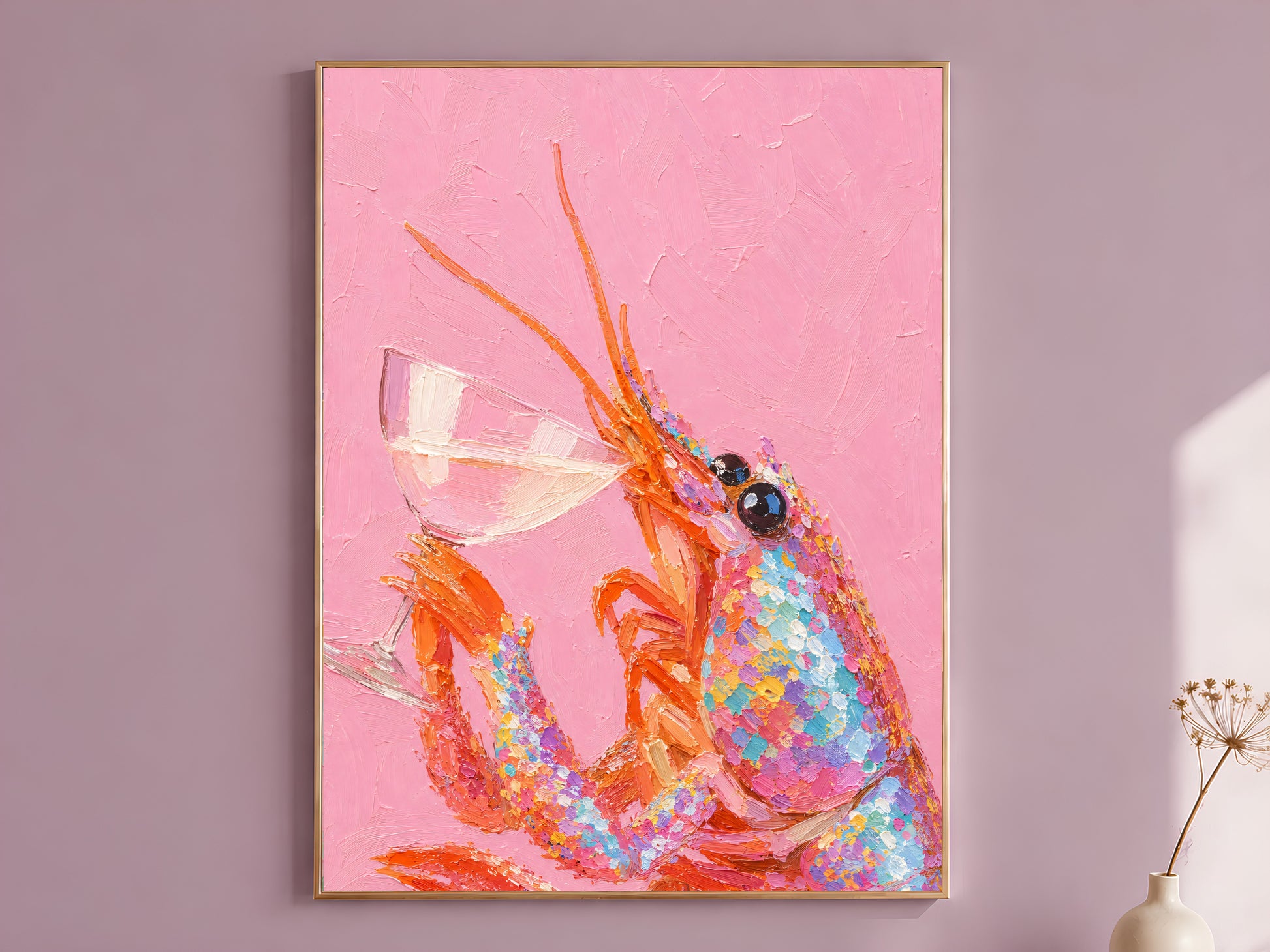 Pink lobster impasto wall art in gold frame on mauve wall with dried flower stems and warm shadow

