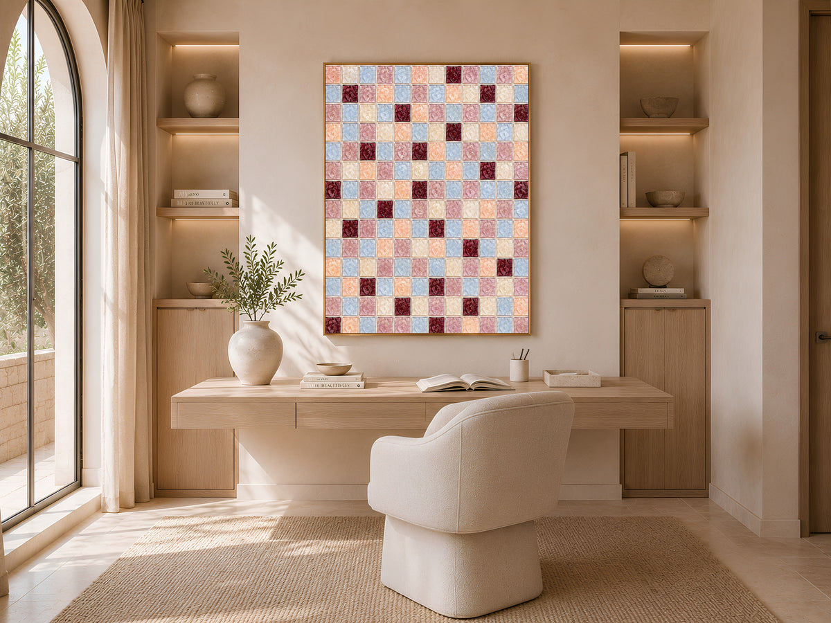 Peach blue mosaic wall art framed above a console table near a doorway in a mauve-walled entryway