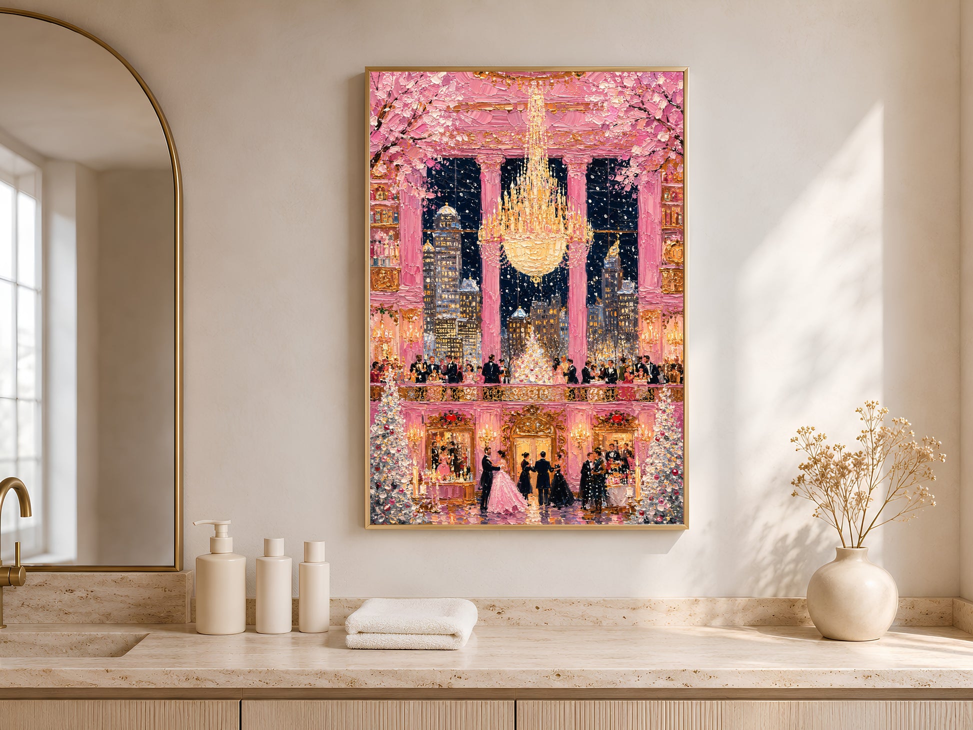 Pink ballroom chandelier gala wall art in gold frame in bright entryway with arched niche and white ceramic vases
