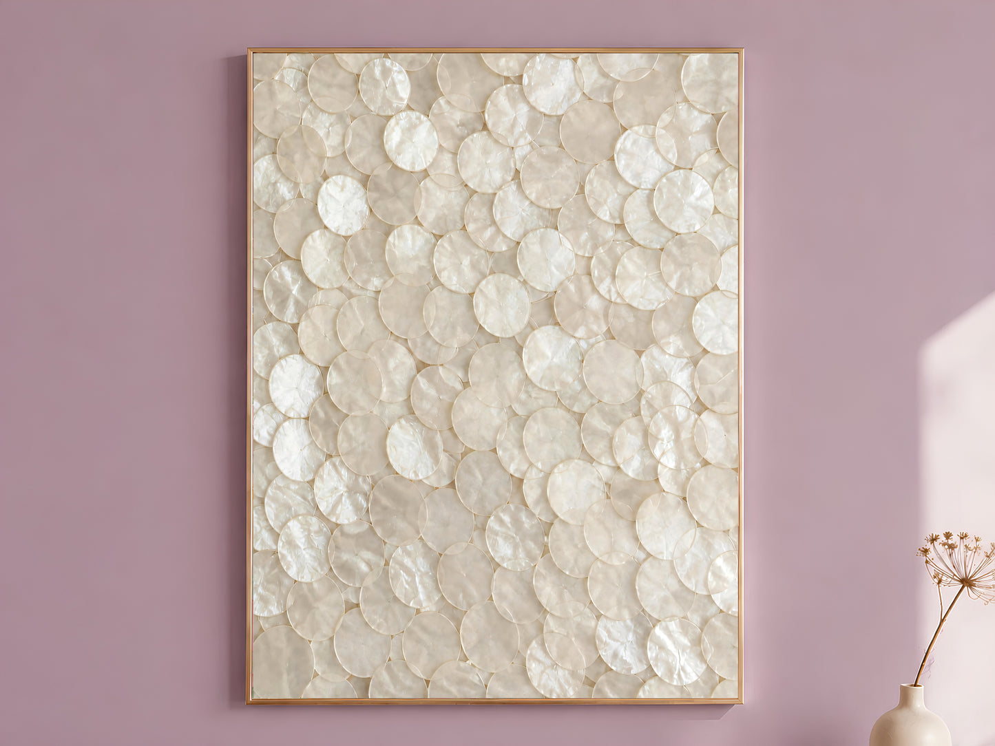 Capiz shell mosaic wall art print in a thin gold frame on a dusty lilac wall
