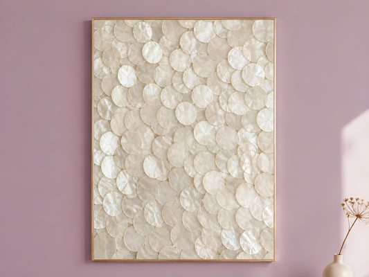 Capiz shell mosaic wall art print in a thin gold frame on a dusty lilac wall
