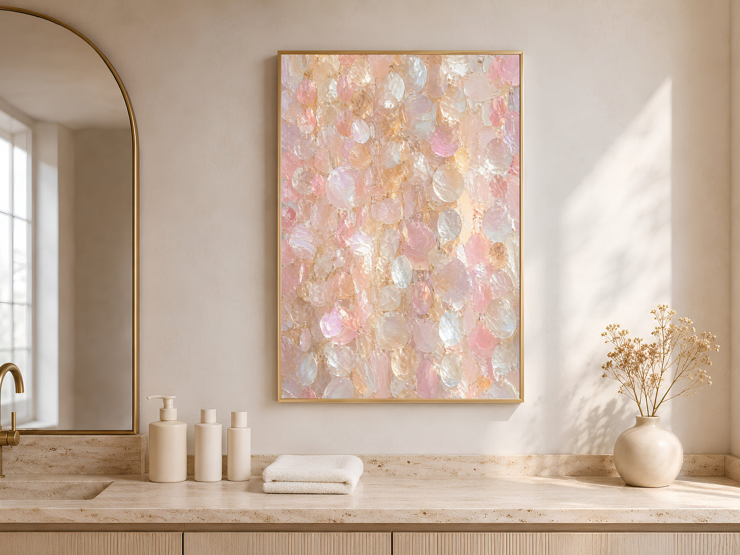 Capiz shell wall art print in a gold frame leaning against a cream shelf in a bright minimal room with an arched window and white vases
