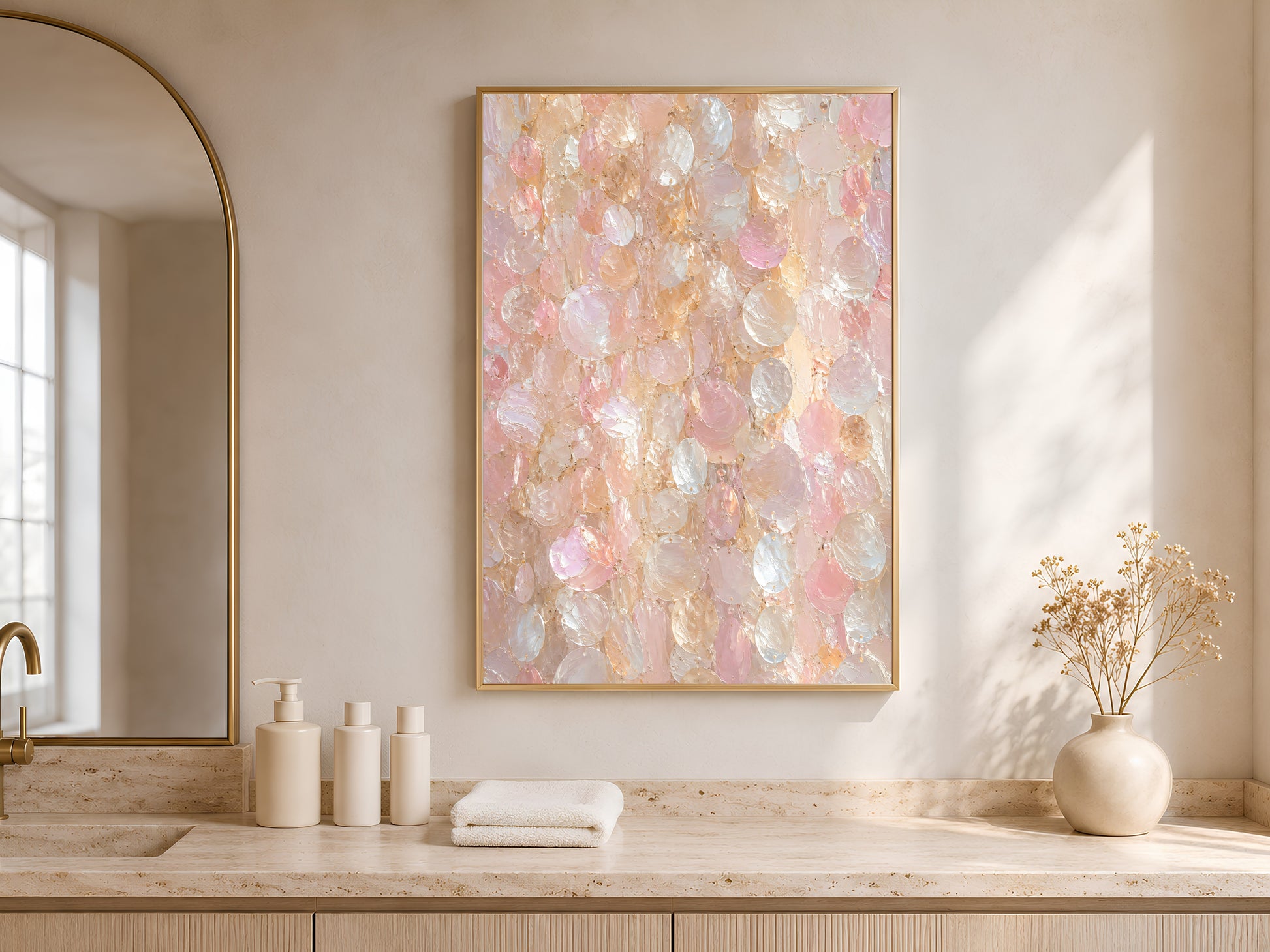 Capiz shell wall art print in a gold frame leaning against a cream shelf in a bright minimal room with an arched window and white vases
