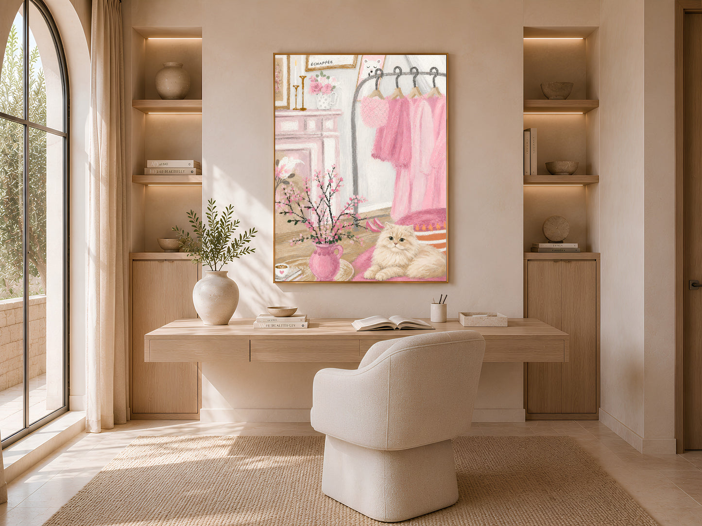 Pink Parisian wall art displayed above a desk in a bright home office nook
