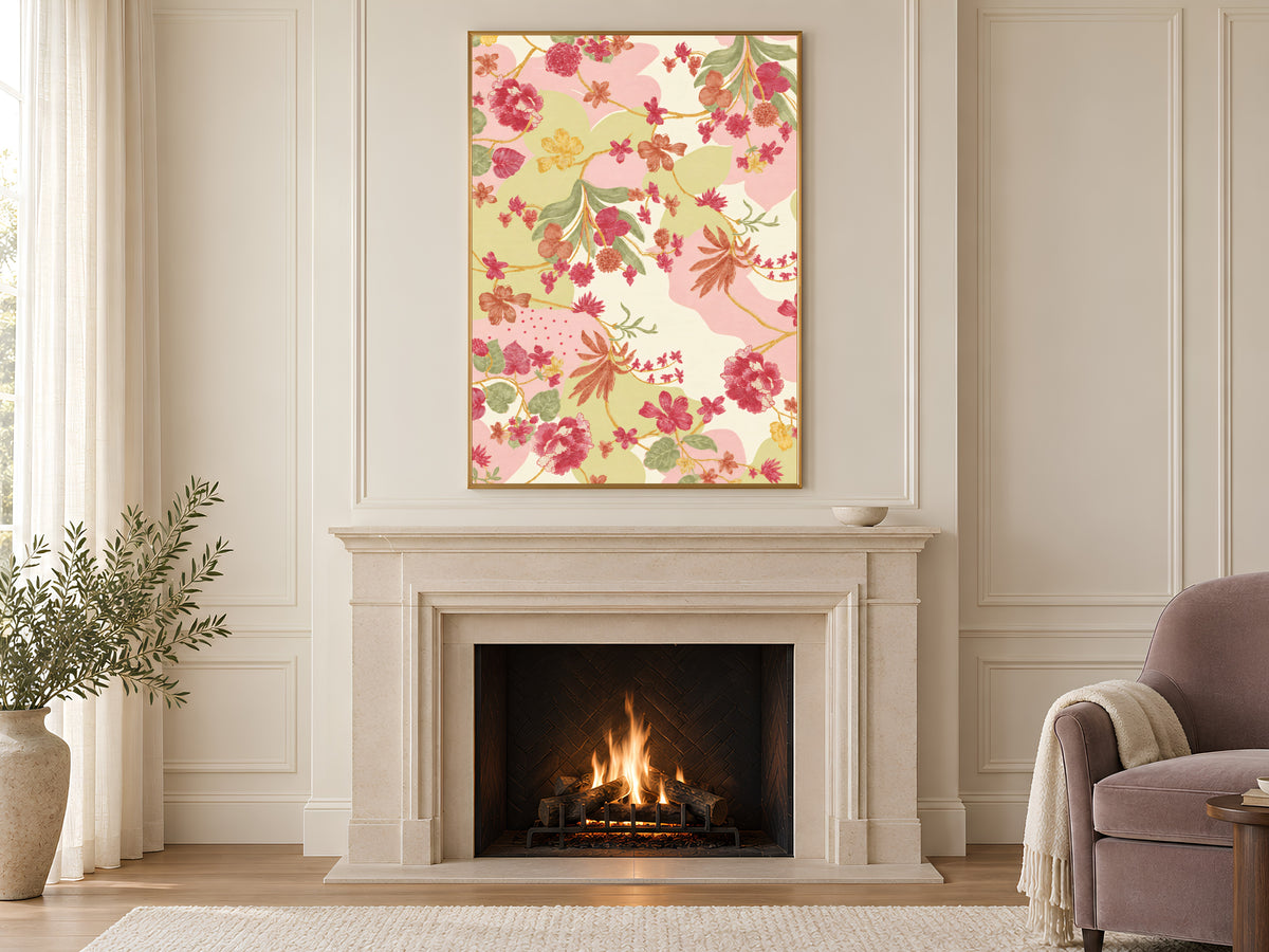 Pink and Green Floral Wall Art, Vintage Botanical Pattern Print, Grandmillennial Chinoiserie Style Flowers, Printable Digital Download