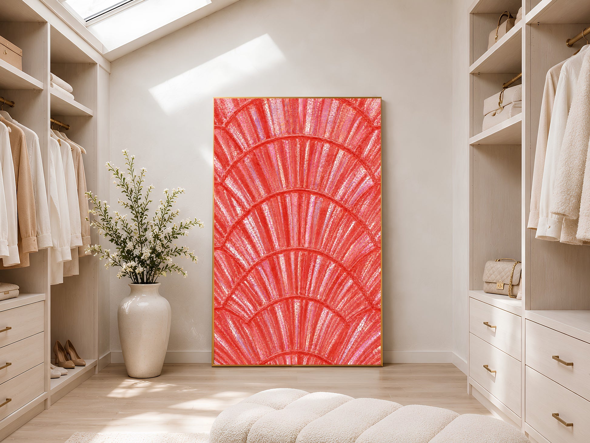 Bold coral capiz shell wall art in gold frame displayed in a bright neutral walk-in wardrobe with open shelving and skylight