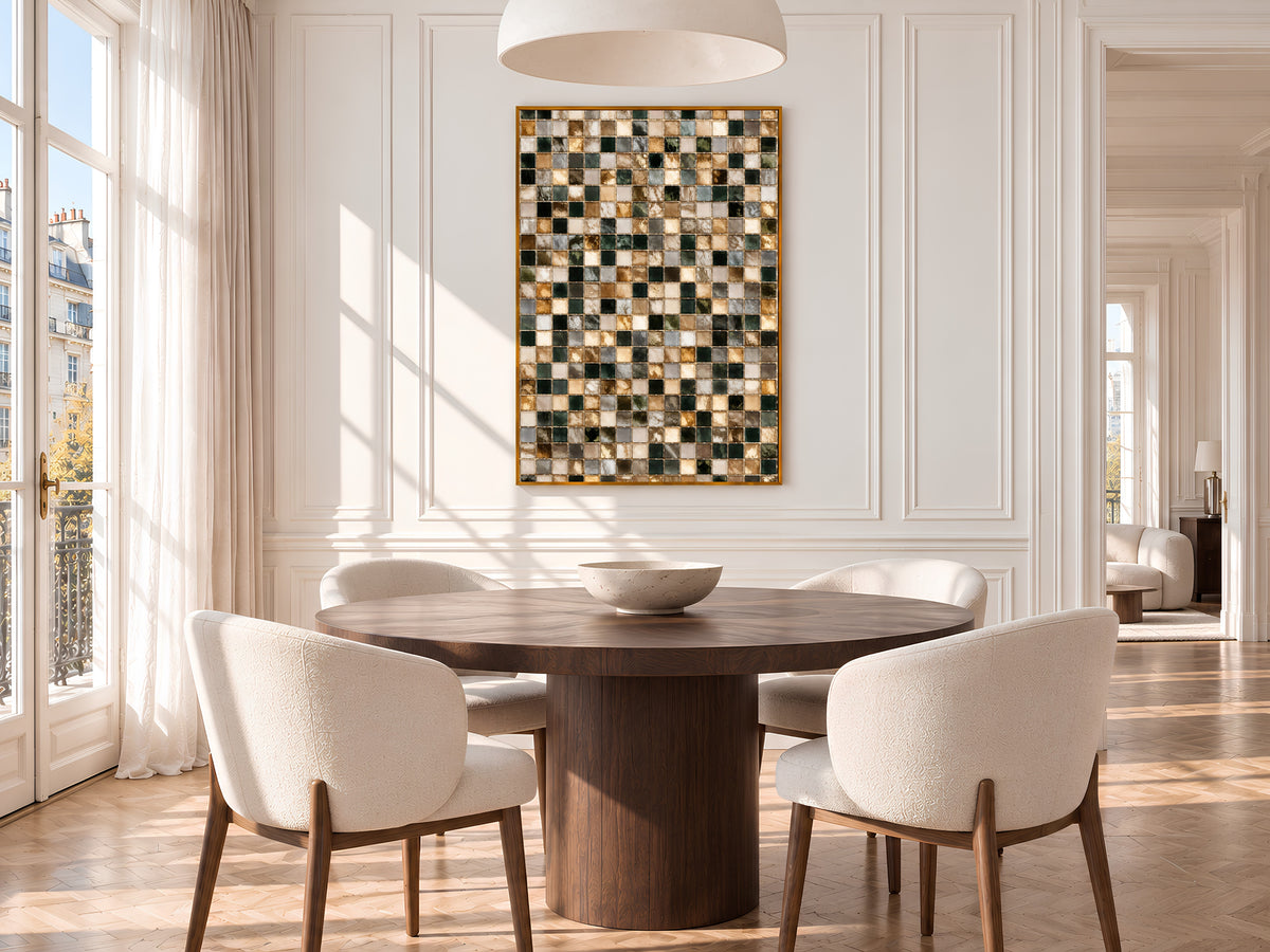 Dark Green and Gold Mosaic Tile Wall Art Print, Abstract Glass Tile Grid Painting, Printable Earthy Neutral Decor, Digital Download