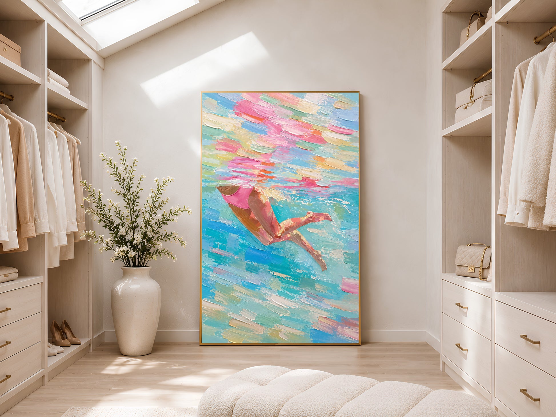 Woman swimmer diving impasto painting in a gold frame displayed in a bright white walk-in wardrobe with warm natural light and neutral shelving
