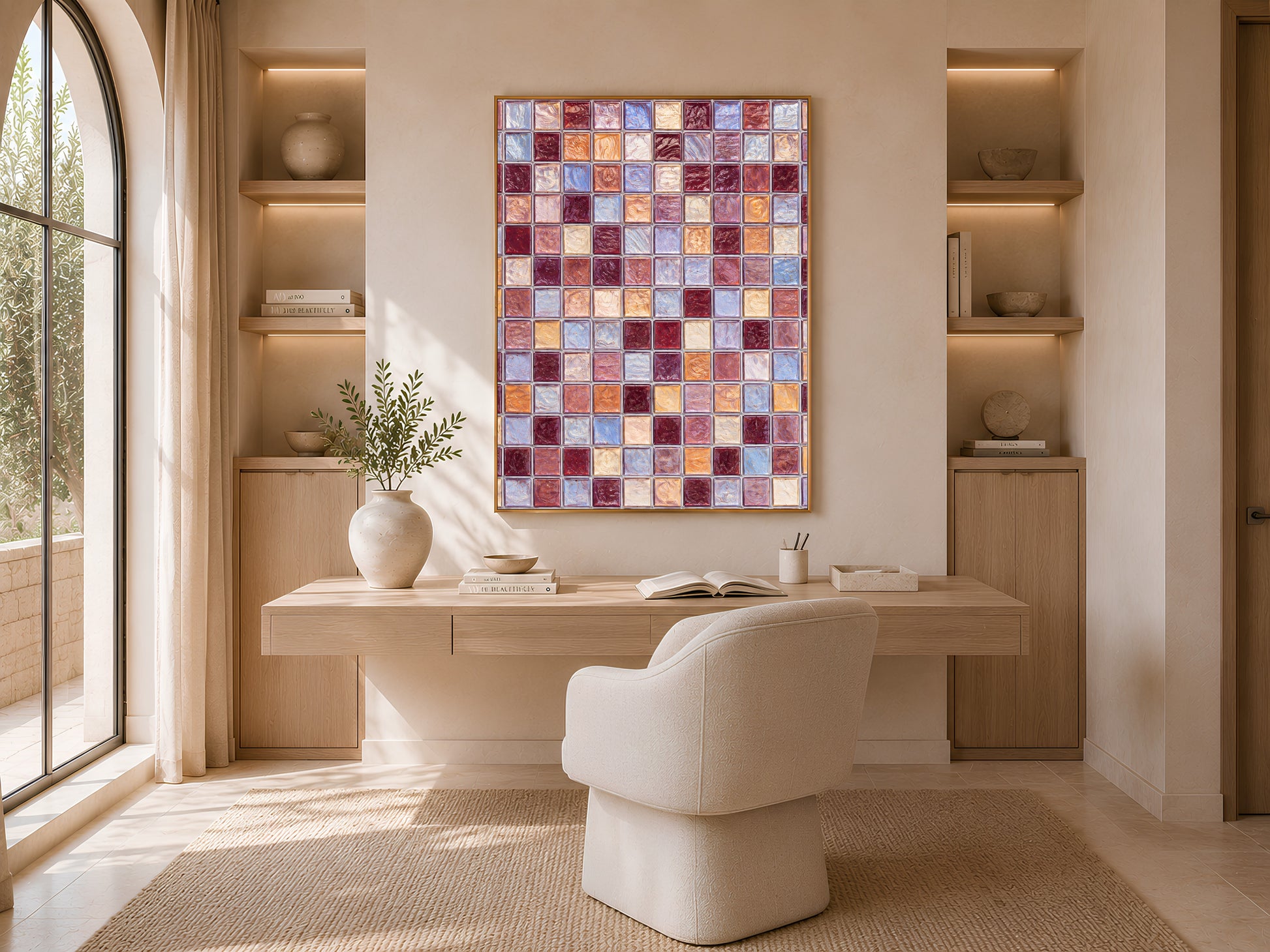 Mosaic tile wall art above a minimalist desk in a home office with an arched window and built-in shelving.
