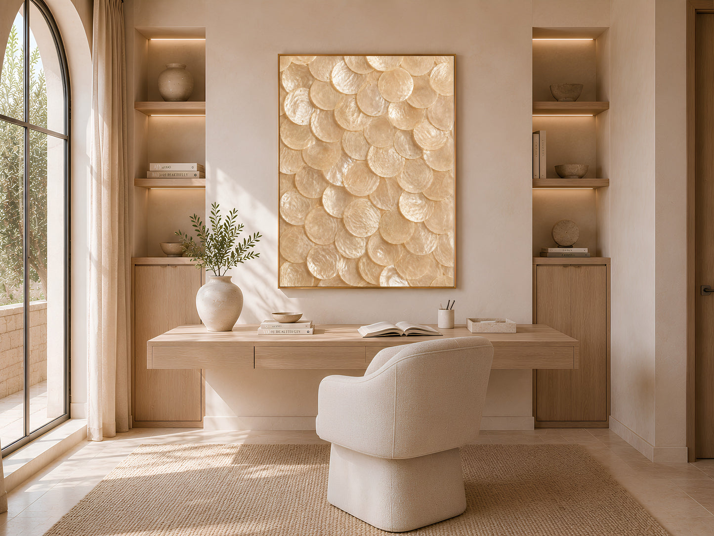 Natural capiz shell print in a gold frame displayed in a home office with a desk, chair, and built-in shelving.
