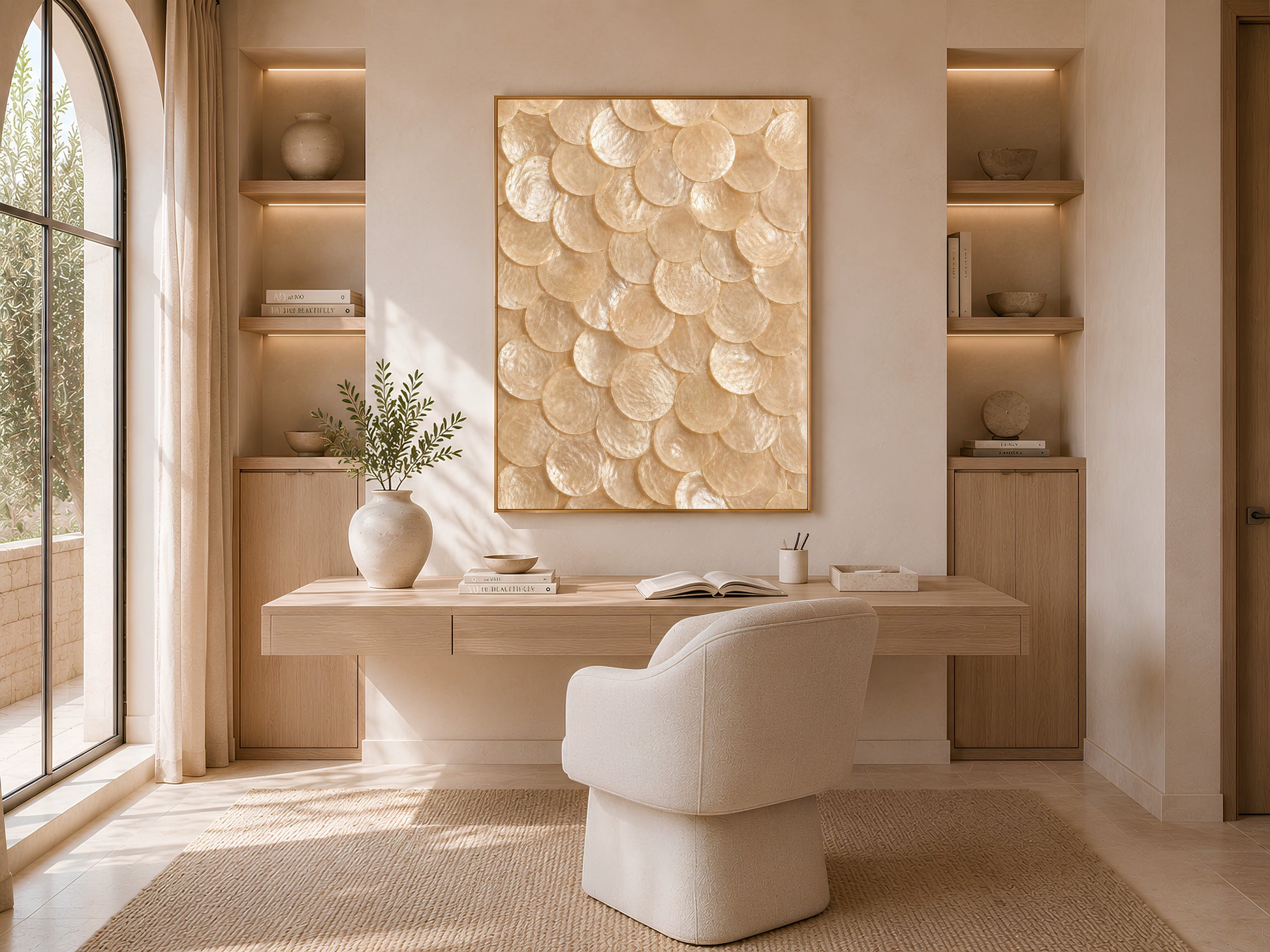 Natural capiz shell print in a gold frame displayed in a home office with a desk, chair, and built-in shelving.