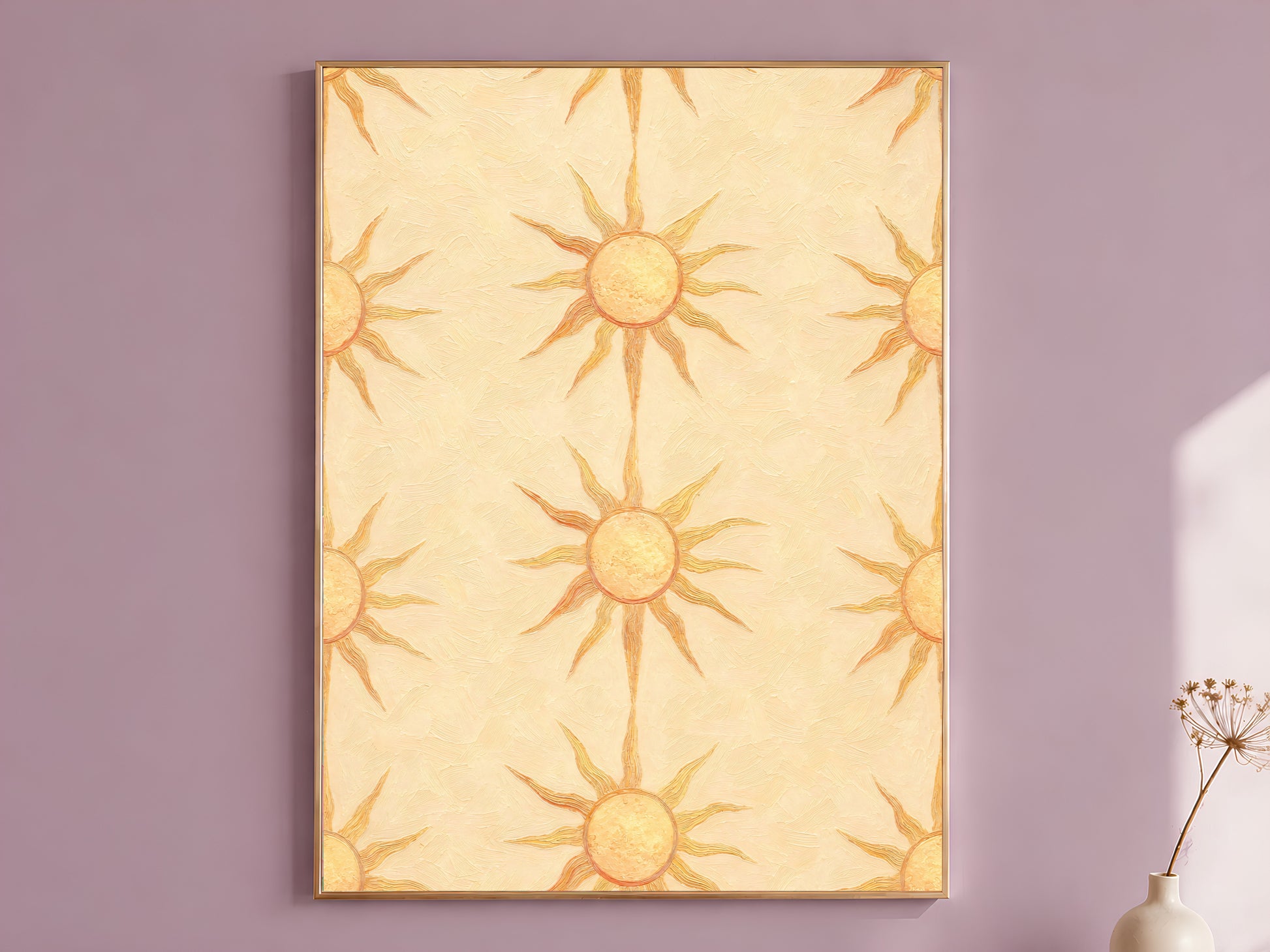 Butter yellow sun motif wall art print in a thin gold frame on a dusty lilac wall
