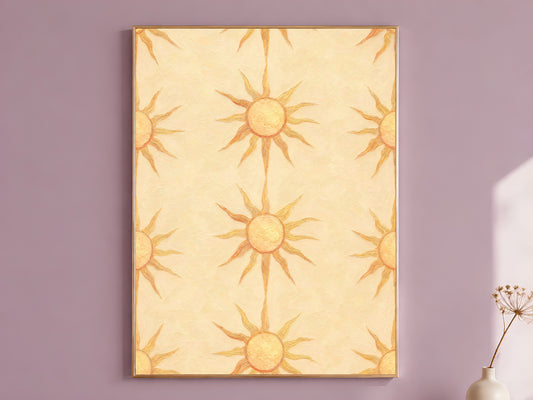 Butter yellow sun motif wall art print in a thin gold frame on a dusty lilac wall
