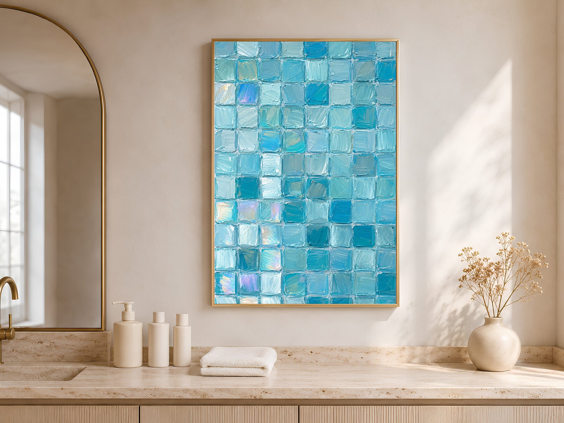 Turquoise aqua mosaic tile print in gold frame on travertine console table in bright entryway with white vases
