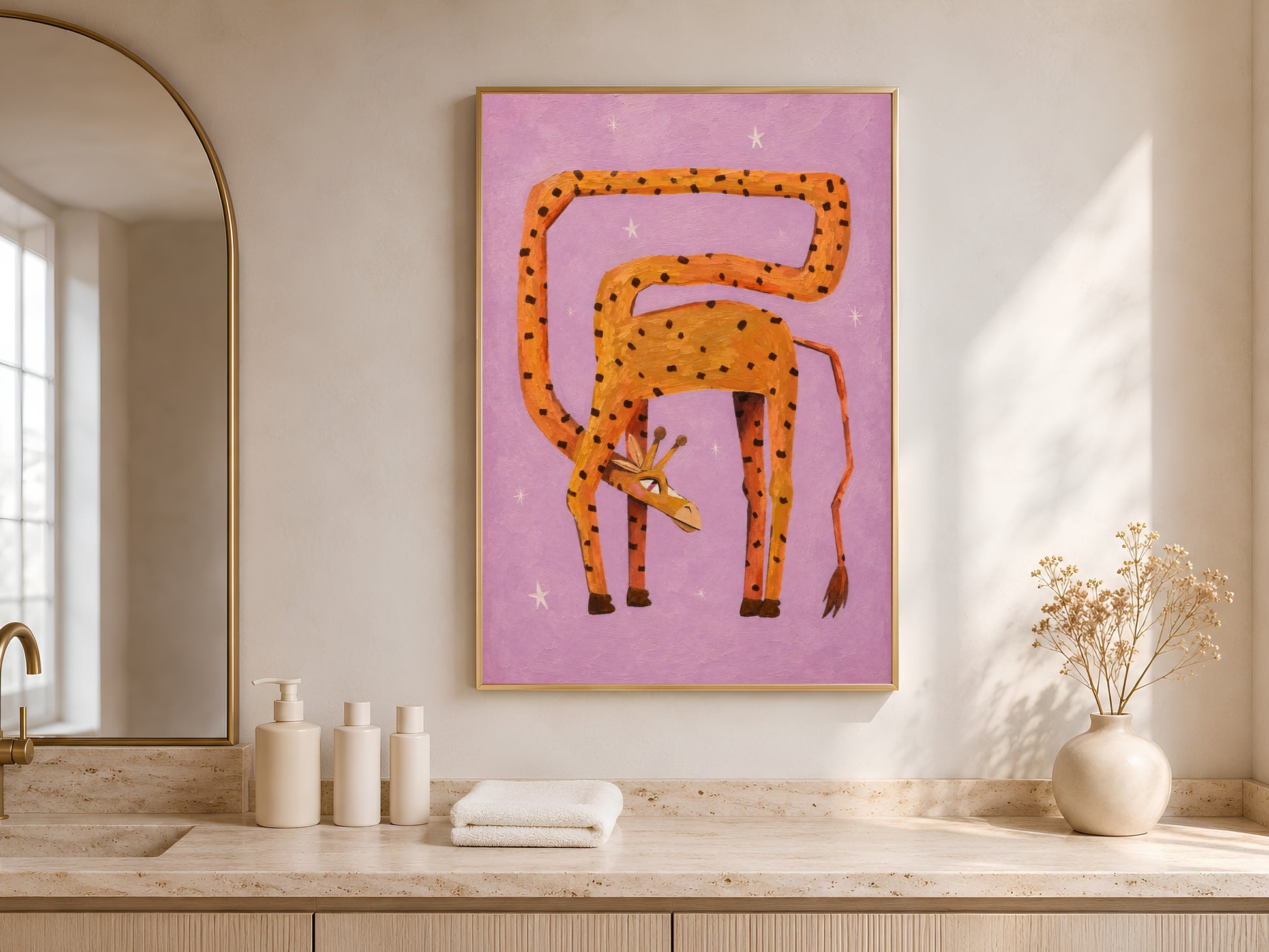 Framed surreal giraffe wall art on a warm oak sideboard with white ceramic vessels and soft natural light from a nearby window
