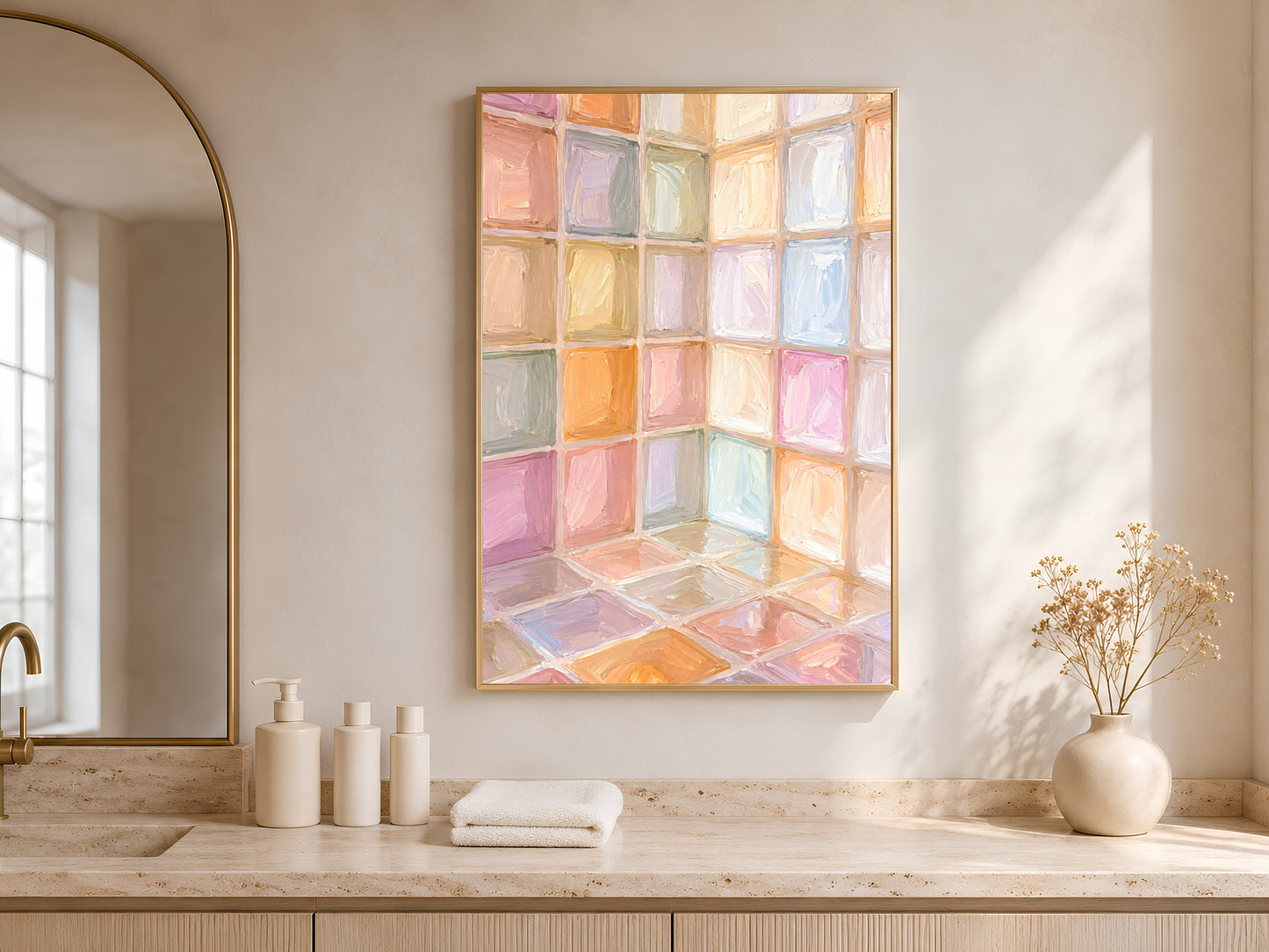 Rainbow pastel mosaic tile print in gold frame in bright entryway with arched mirror and white ceramic vases
