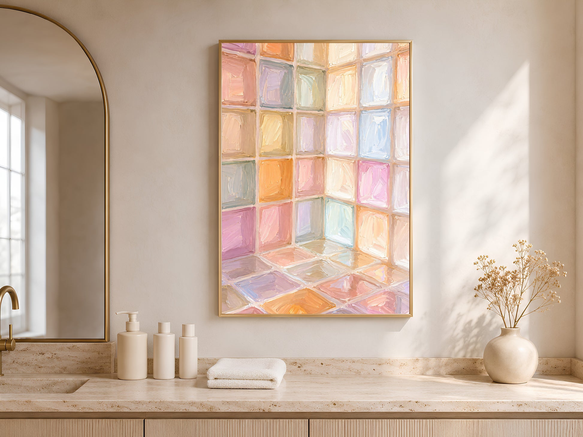 Rainbow pastel mosaic tile print in gold frame in bright entryway with arched mirror and white ceramic vases
