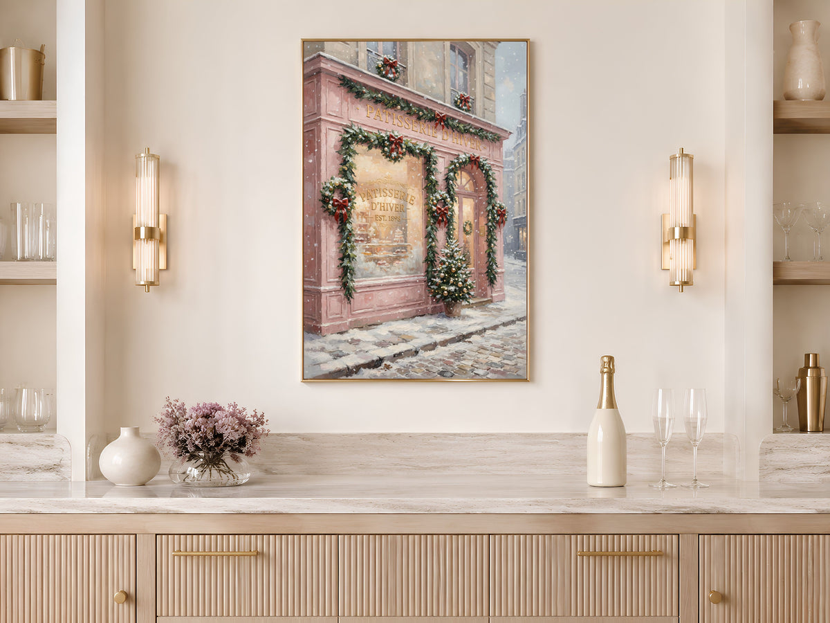 French Patisserie Christmas Print, Pink Paris Bakery Wall Art - Digital Download
