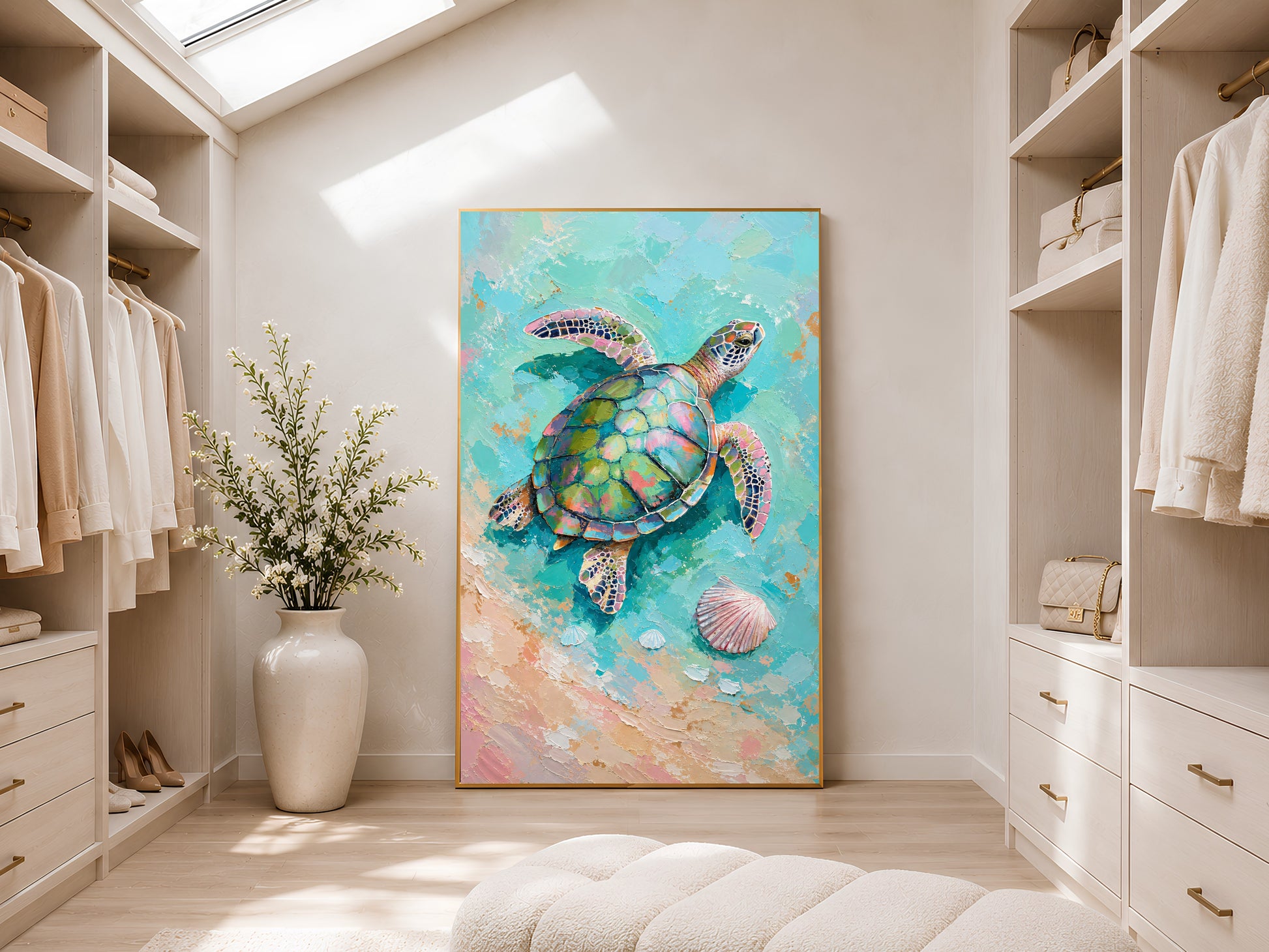 Large framed impasto sea turtle painting leaning against white built-in wardrobe wall in bright sunlit dressing room


