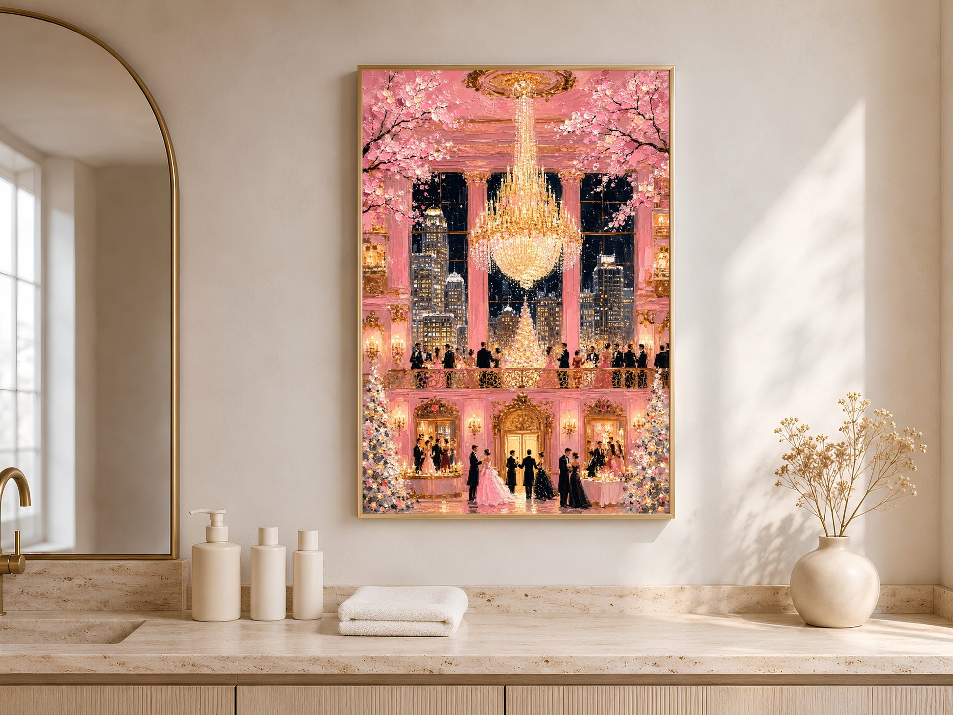 Pink fairytale ballroom chandelier wall art in gold frame on travertine console table in bright entryway with vases
