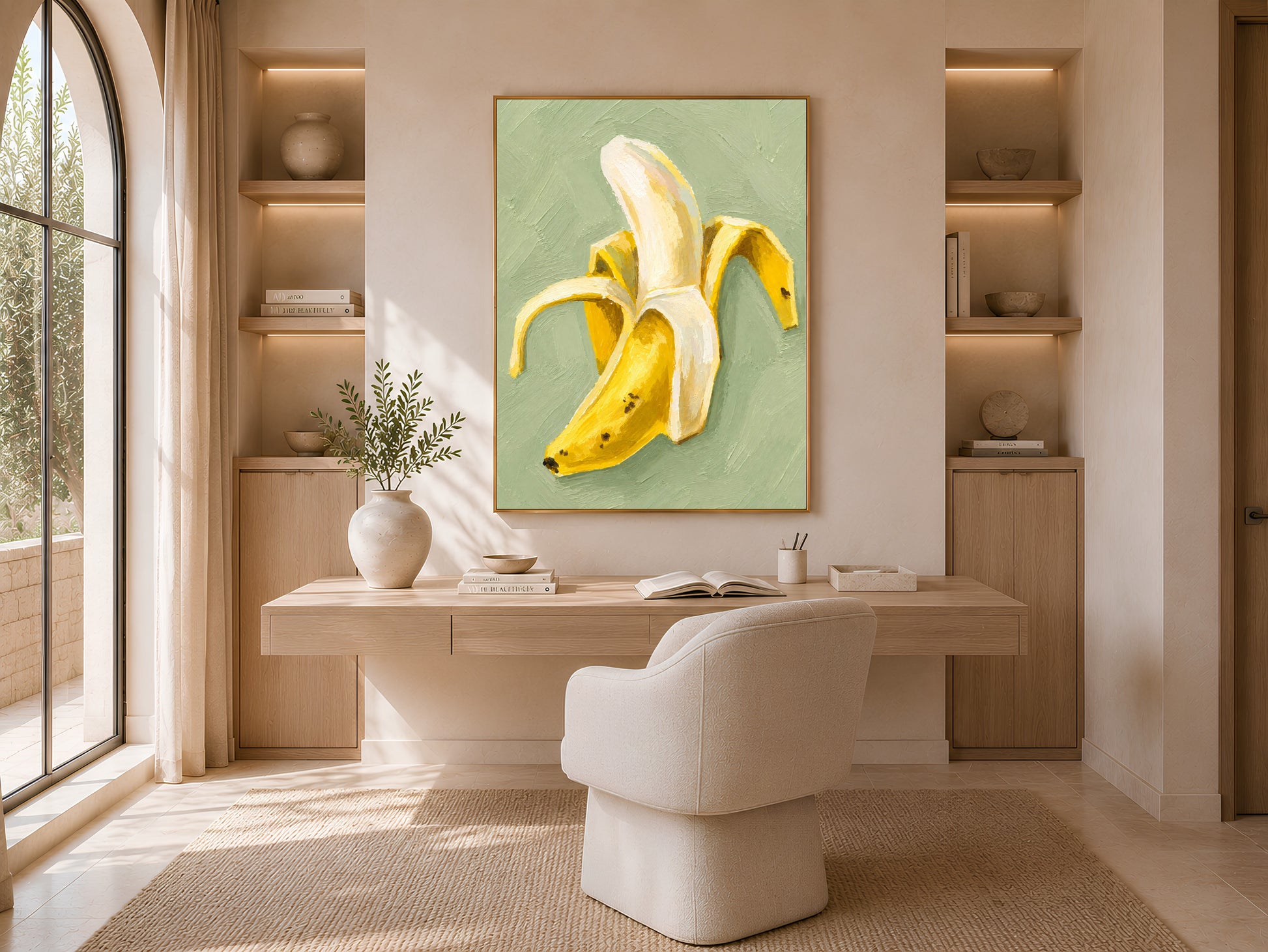 Banana still life painting framed above desk nook in neutral home office, kitchen wall art print